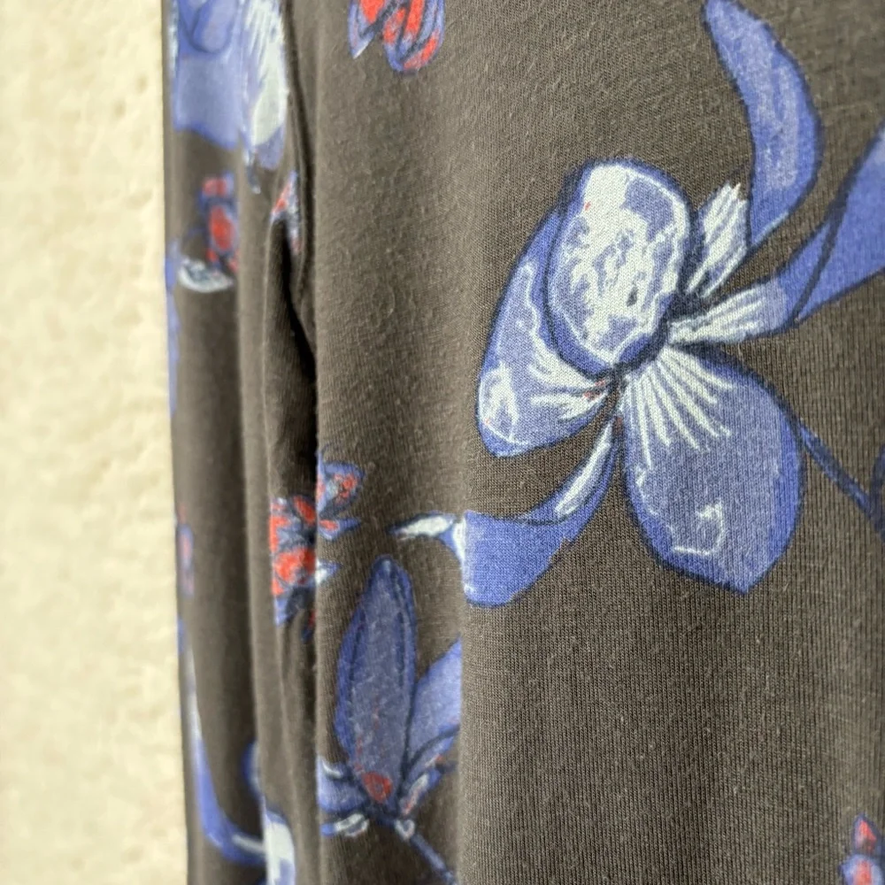 Free People Top‎ Womens Small Chocolate Printed Black Floral Long Sleeve Stretch
